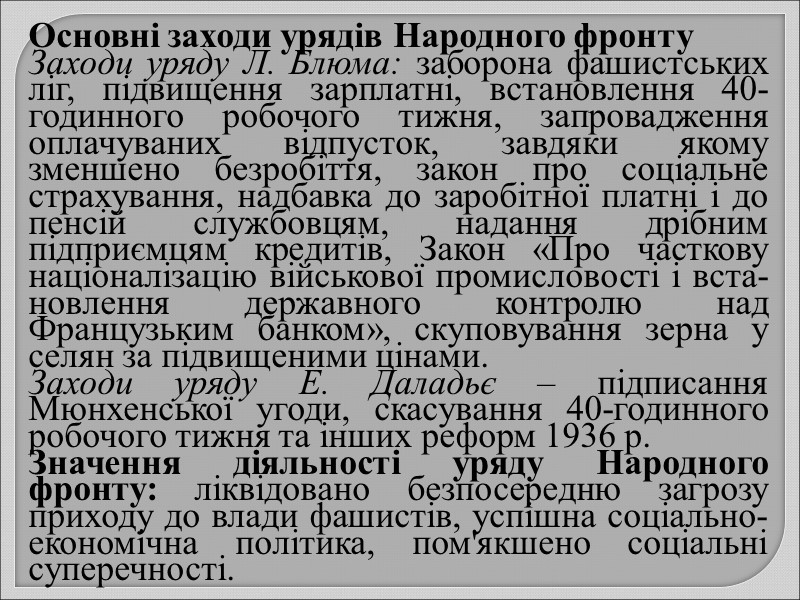 Основні заходи урядів Народного фронту Заходи уряду Л. Блюма: заборона фашистських ліг, підвищення зарплатні,